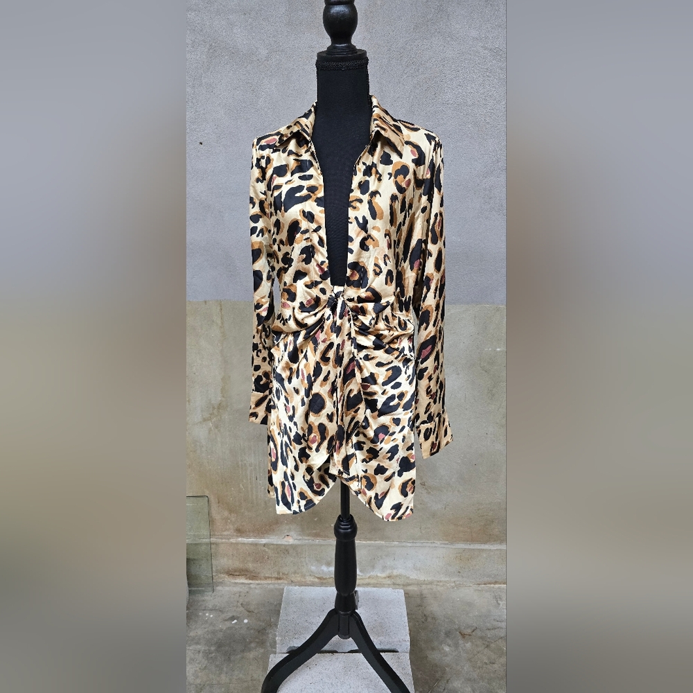 HYFVE Brown and Black Sexy Satin Mini Dress Animal Print.  Size M.
